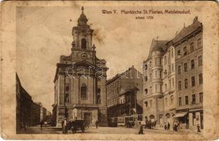 1914 Wien, Vienna, Bécs V. Matzleinsdorf, Pfarrkirche St. Florian, erbaut 1725, Tapezierer / church, tram, automobile (EB)