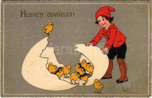 Húsvéti üdvözlet! Tojás csibékkel / Easter greeting, egg with chicken. Meissner & Buch Künstler-Postkarten Serie 2890.