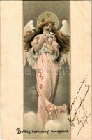 1903 Boldog karácsonyi ünnepeket. Szecessziós hölgy / Christmas greeting, Art Nouveau lady litho