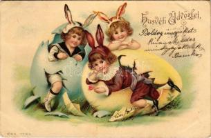 1901 Húsvéti üdvözlet, kisgyerekek nyuszi jelmezben / Easter greeting, children in rabbit costumes, litho (EK)