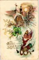 1904 Boldog új évet! Szánkózó törpék / New Year greeting, dwarves sledding, winter sport. litho (fl)