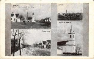 1935 Szend, Fő utca, Hősök szobra, látkép, Csillag utca, Római katolikus templom (fa)