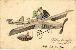 1913 Boldog húsvéti ünnepeket / Easter greeting art postcard with chicken and aeroplane. H. H. i. W. Nr. 863. (fl)