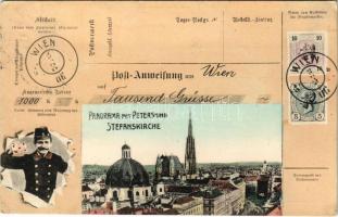 1907 Wien, Vienna, Bécs; Panorama mit Peters- und Stefanskirche. Tausend Grüsse / general view with churches. Art Nouveau montage with postal order and postman (Rb)