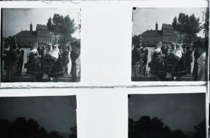 cca 1910 Budapesti városképek 6 db sztereo üveg pozitív, vásár, Vár, Margit híd 4,5x10,5 cm Schmidt ...