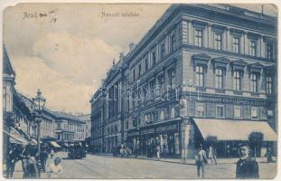 1906 Arad, Nemzeti színház, Hoffmann Sándor divatáruháza a Fecskéhez, lóvasút / theatre, shop, horse-drawn tram (ázott / wet damage)