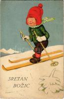 1928 Sretan Bozic / Karácsonyi üdvözlet, síelő gyerek, téli sport / Christmas greeting, winter sport, skiing. litho