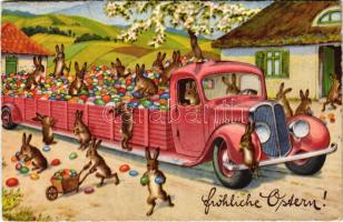 1938 Fröhliche Ostern / Húsvéti üdvözlet, tojásos teherautó nyuszikkal / Easter greeting, truck full of eggs, rabbits + "Herbst Messe 1938" So. Stpl (EK)