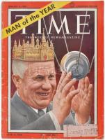 1958 A Time magazin januári száma, címlapon az 1957-os év emberével, Nyikita Hruscsovvall. Kanadai kiadás. Kissé sérült papírborítóval / 1958 Time magazine with the man of the year, Khruschew