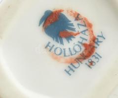 Hollóházi lila virágmintás ékszertartó dobozka és kisváza. Jelzett, kis kopással, m: 12 cm, h: 6,5 c...