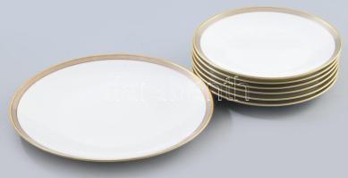 Rosenthal süteménykínáló készlet. Pereménél aranycsíkozással elválasztott ezüstös csillogású színezéssel. Jelzett, kis kopással, d: 19-25 cm