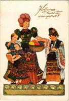 1937 Kellemes húsvéti ünnepeket / Easter greeting art postcard with Hungarian folklore s: Szilágyi G. Ilona (EK)