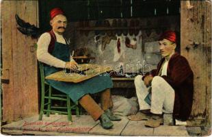 Bosanski kundurdzija / Bosnische Schuhmacherwerkstätte / Bosnian folklore, shoemaker's workshop. W.L. Bp. No. 28. 1910. (kopott sarkak / worn corners)