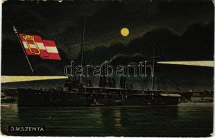 1912 SMS Zenta Osztrák-Magyar Haditengerészet Zenta-osztályú védett cirkálója este / K.u.K. Kriegsmarine / Austro-Hungarian Navy Zenta-class protected cruiser at night. G. Fano Pola 1909. No. 47. (EK)