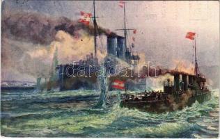 1917 Heldenmütige Verteidigung der Zenta und Ulan (Torpedobootzerstörer) gegen die vereinigte französische und englische Flotte. K.u.K. Kriegsmarine. Offizielle Postkarte des Österreichischen Flottenvereines zu Gunsten der Kriegsfürsorge / WWI Austro-Hungarian Navy SMS Zenta protected cruiser and SMS Ulan Huszár-class destroyer, heroic defense against the united British and French fleet. Druck u. Verlag v. M. Schulz (EK)