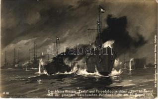 Der kleine Kreuzer "Zenta" und Torpedobootzerstörer "Ulan" im Kampf mit der gesamten französischen Mittelmeerflotte am 16. August 1914. / Osztrák-Magyar Haditengerészet "Zenta" védett cirkálója és az "Ulan" torpedóromboló (Zerstörer) harca a francia mediterrán flottával / WWI Austro-Hungarian Navy art postcard, K.u.K. Kriegsmarine, SMS Zenta protected cruiser and SMS Ulan torpedo destroyer againts the French Mediterranean Fleet s: Harry Heusser (fl)