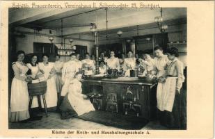 1907 Stuttgart, Schwäb. Frauenverein, Vereinshaus II, Küche der Koch- und Haushaltungsschule A. Silberburgstr. 23. / girl school interior, kitchen