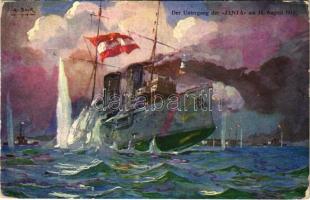 1915 Der Untergang der "ZENTA" am 16. August 1914. Offizielle Karte für Rotes Kreuz, Kriegsfürsorgeamt, Kriegshilfsbüro Nr. 31. / WWI Austro-Hungarian Navy, K.u.K. Kriegsmarine art postcard. The downfall of SMS Zenta protected crusier, sunk in the Battle of Antivari s: A. Sink (kopott sarkak / worn corners)