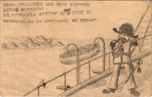 1914 Első világháborús humoros kézzel rajzolt tábori posta az SMS SZIGETVÁR fedélzetéről / K.u.K. Kriegsmarine Feldpostkorrespondenzkarte / Austro-Hungarian Navy field post from SMS Szigetvár, hand-drawn (EB) + &quot;Passiert&quot;