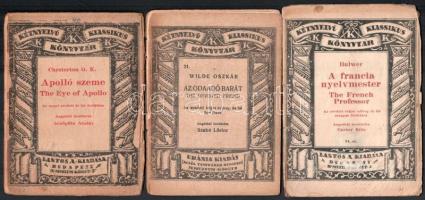 G. K. Chesterton Apolló szeme - The Eye of Apollo - Bulver- francia nyelvmester- The French Professor., Wilde Oszkár: Az odaadó barát - The devoted friend. (Kétnyelvű Klasszikus Könyvtár) Bp.,1921 Lantos. Kozma Lajos által tervezett papírborítóval 3 db Borítók elváltak