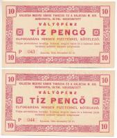 Kalocsa 1944. Kalocsa Megyei Város Tanácsa és a Kalocsai M. Kir. Adóhivatal 10P váltópénz (2x) sorszámkövetők P 043 - P 044 T:UNC,AU / Hungary / Kalocsa 1944. Kalocsa County City Council and Hungarian Royal Tax Office of Kalocsa 10 Pengő voucher (2x) sequntial serials P 043 - P 044 C:UNC,AU Adamo KAL-1.4