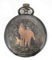 Ezüst tokos vadász jelenetes zsebóra, sérült tok, hiányzó mutató, üveg 50 mm