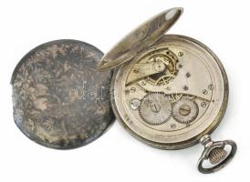 Ezüst tokos vadász jelenetes zsebóra, sérült tok, hiányzó mutató, üveg 50 mm