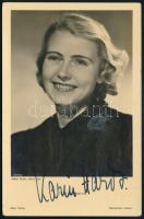 cca 1930 Karin Hardt (1910-1992) színésznő autográf aláírása őt ábrázoló fotólapon, 14x9 cm / Autograph signature of Karin Hardt on a photo postcard