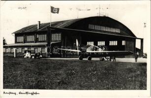 1936 Konstanz, Landflughafen / airport hangar with Nazi swastika flag, Junkers aircraft, automobile (EK)