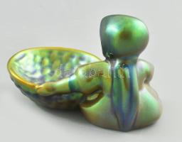 Zsolnay kisplasztika - üldögélő kendős kislány kosárral. Terv.: Sinkó András, eozin mázakkal festett...