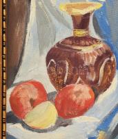 Jelzés nélkül: Csendélet (hátoldala táj). Olaj, karton. Dekoratív, kissé sérült fakeretben. 35x25 cm