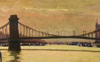 Kató Kálmán (1876-1946): Budapesti panoráma a Lánchíddal. Olaj, falemez, jelezve jobbra lent. Antik,...