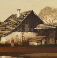 Puskás Imre (1933 - ): Tanyán, 1985. Olaj, farost, jelzett, hátoldalán autográf felirattal, dekoratí...
