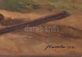 Krupka Ferenc (1870-1928): Pihenő. Olaj, vászon. Jelzett. Sérült. Dekoratív, sérült fakeretben, 44×5...