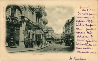 1901 Bucharest, Bukarest, Bucuresti, Bucuresci; Calea Victoriei / street view, tram, shops of E. Vogt and Leon Alcalay (fl)