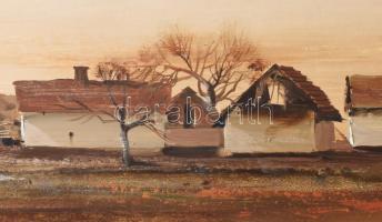 Csikós András (1947-2006): Tanyacsoport. Olaj, farost, jelezve jobbra lent, hátoldalán autográf feli...