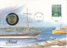 Finnország / Aland 1986. 20p Al-bronz felbélyegzett borítékban, bélyegzéssel, német nyelvű leírással T:UNC Finland / Aland 1986. 20 Penniä Al-bronze in envelope with stamp, cancellation and a prospectus in german C:UNC