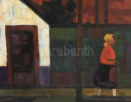 Moldován István (1911-2000): Utcarészlet sétálóval (táj). Olaj, farost, jelezve balra lent, hátoldal...