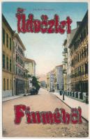 1916 Fiume, Rijeka; Via Mich / Munkácsy utca, csillámmal díszitett / street view, glitter decorated + "ZENSURIERT K.u.k. Militärzensur FIUME 3."