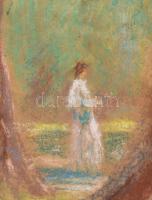 Rónai jelzéssel: Parkban. Pasztell, karton. Hátoldalán Nemzeti Szalon kissé sérült címkéjével, amely...