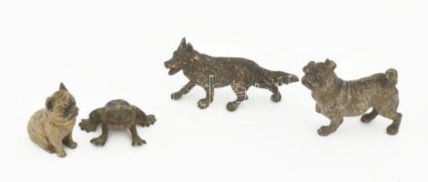 4 darab bécsi bronz állatfigura, béka farkas, mopsz, kopással, h: 2,5-4,5 cm