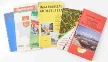 6 db térkép: Országjárók atlasza - Balaton, Nyugat-Magyarország; Magyarország úttérképe; Magyarország autóatlasza; Budapest fürdői; Budapest térkép új utcanevekkel; Budapest információs atlasza. Vegyes állapotban.