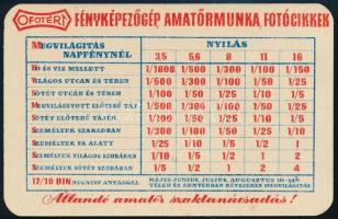 1955 OFOTÉRT reklámos kártyanaptár, a hátoldalán expozíciós táblázattal