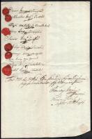1807 Jászberény, Katona Mihály adószedő beszámolója, kézirat a városi tanácsnokok viaszpecsétes aláí...