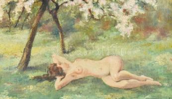 Saáry Gyula (1907-1970): Tavasz. Olaj, karton, jelzett. Dekoratív, üvegezett fakeretben, 22×27 cm