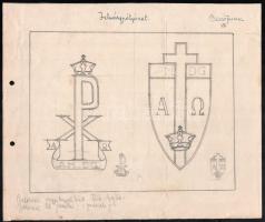 cca 1930-1940 Biczó Ferenc diák pályázati terve a kalocsai érsekség jelvénypályázatára, ceruzás, hajtott, 25x30 cm