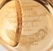 Carillon negyedütős, kronográfos zsebóra 14K arany (Au) fedeles zsebóra, jelzett arany porvédő, műkö...