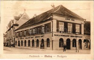 1926 Medgyes, Mediasch, Medias; Mediascher Bank, Hotel Transsilvania / Medgyesi bank, Bendeck és Rösner üzlete, automobil / bank, shop, hotel, automobile (ázott / wet damage)