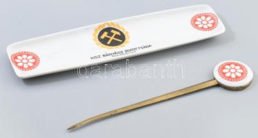 Hollóházi Dózsa Mgtsz Dömsöd levélbontó + KISZ Bányász Tatabánya tálka, kopással, sérüléssel, h: 20-22 cm