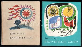 József Attila: Lángos csillag. Versek és egy elbeszélés gyermekeknek. Reich Károly rajzaival. Bp., 1965, Móra. Kiadói egészvászon-kötés, kissé kopott, kissé foltos borítóval, sérült gerinccel. + Áprily Lajos: Fegyvertelen vadász. Würtz Ádám rajzaival. Bp.,1984.,Móra. Kiadói kartonált papírkötés.